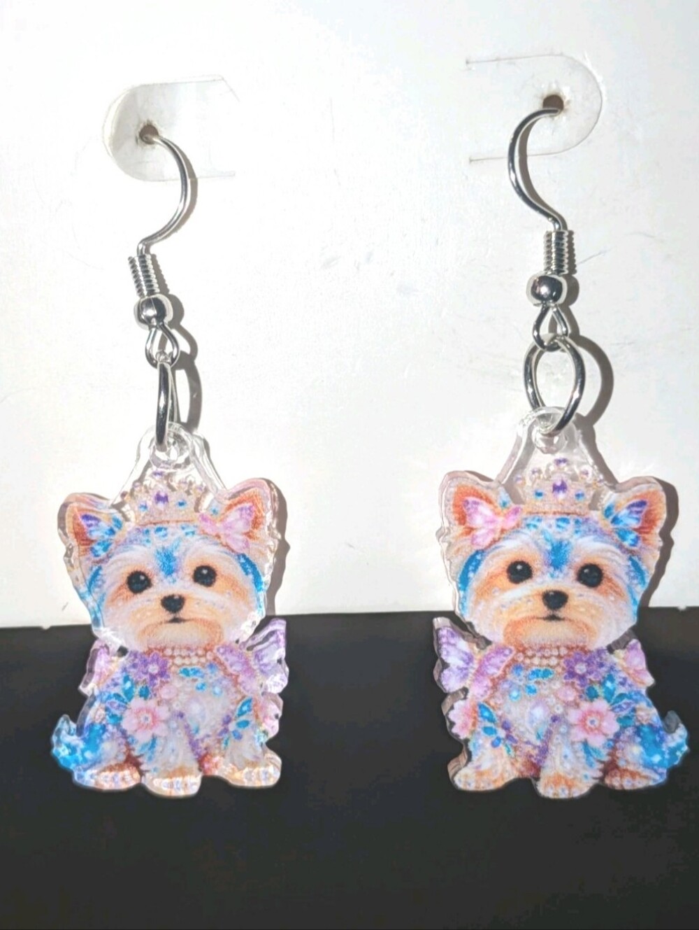 Hand Crafted Cute Dog Princess Acrylic Dangle Earrings - Pastel Blue & Pink
